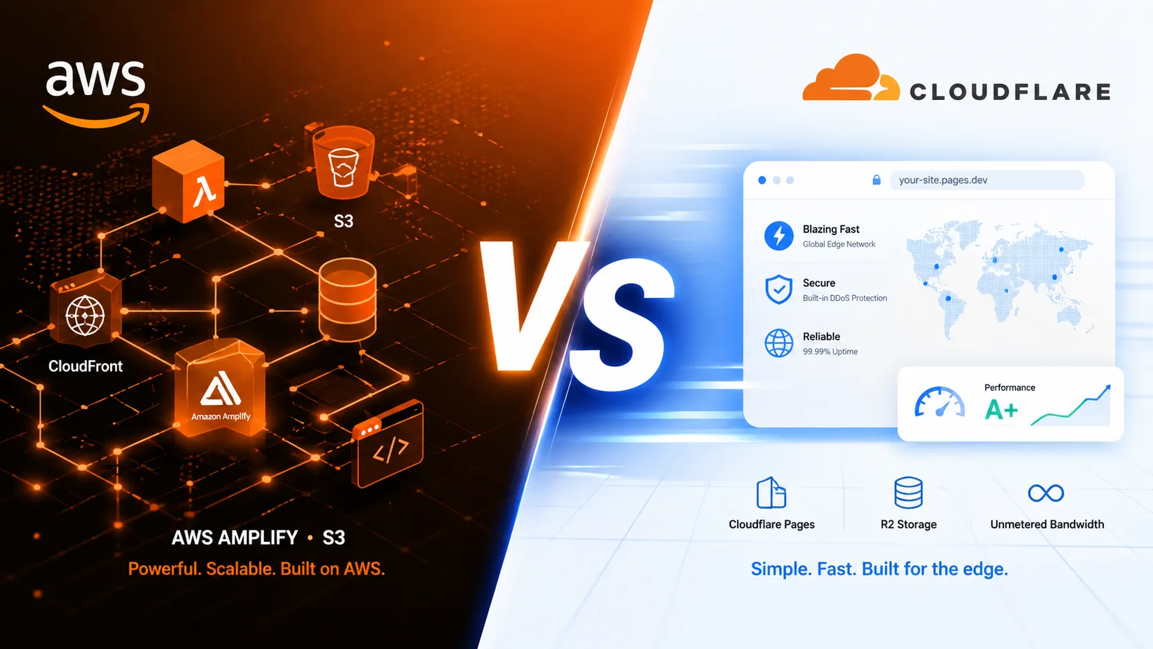Split-screen AWS vs Cloudflare comparison with orange network grid and blue interface separated by a central "VS"