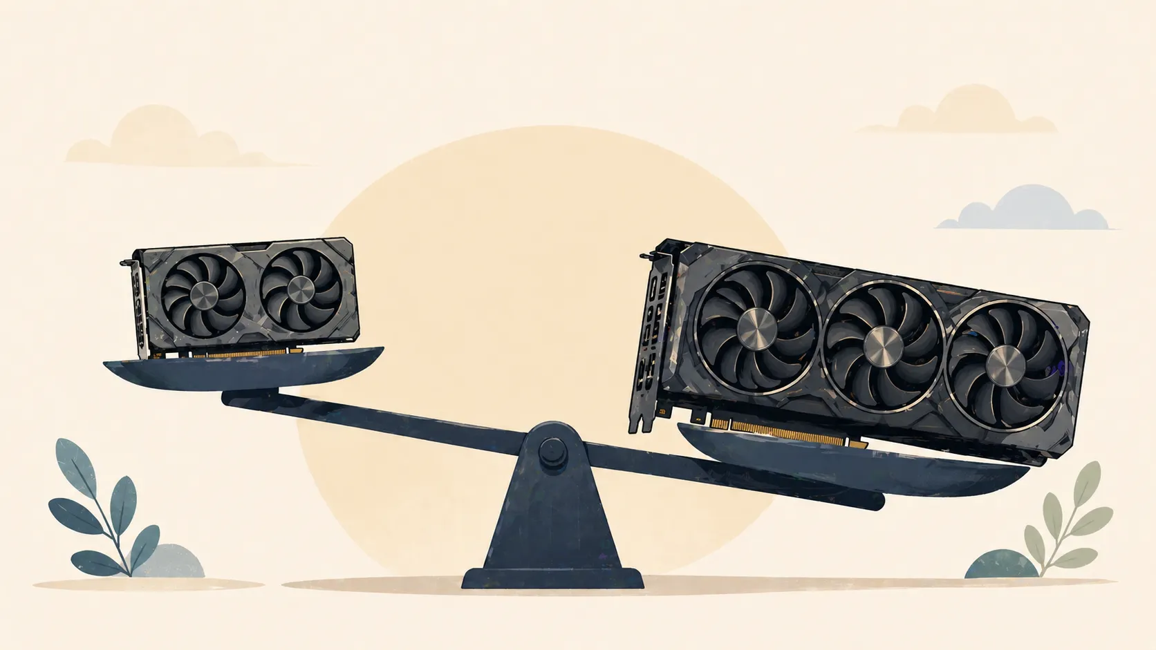 Balance scale with a smaller old GPU and a larger new GPU tipping the scale.