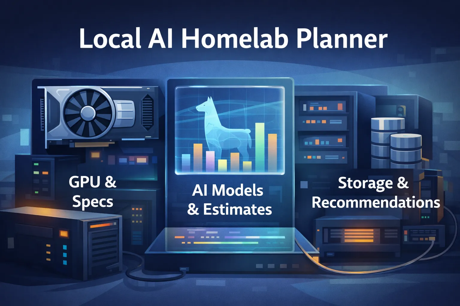 A stylized local AI VRAM calculator and GPU planner dashboard showing GPU, model, VRAM, and storage estimate cards.