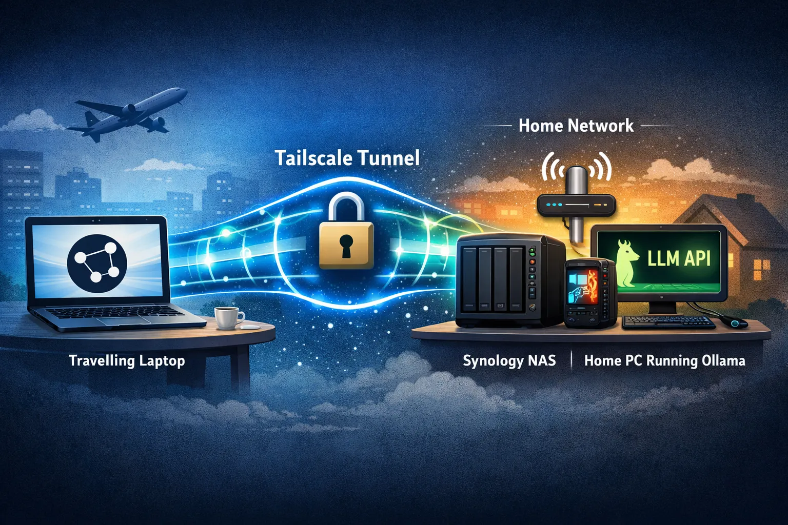 A diagram of a Tailscale tunnel connecting a Synology NAS to a home PC running Ollama