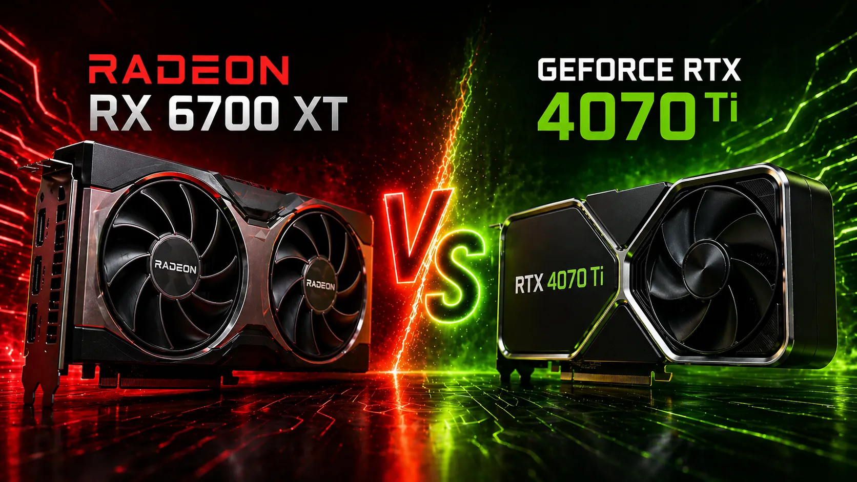 Stylized side-by-side comparison of RX 6700 XT and RTX 4070 Ti
